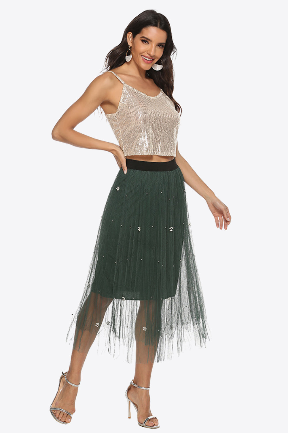 Metallic sequin cropped cami with thin straps and scalloped neckline