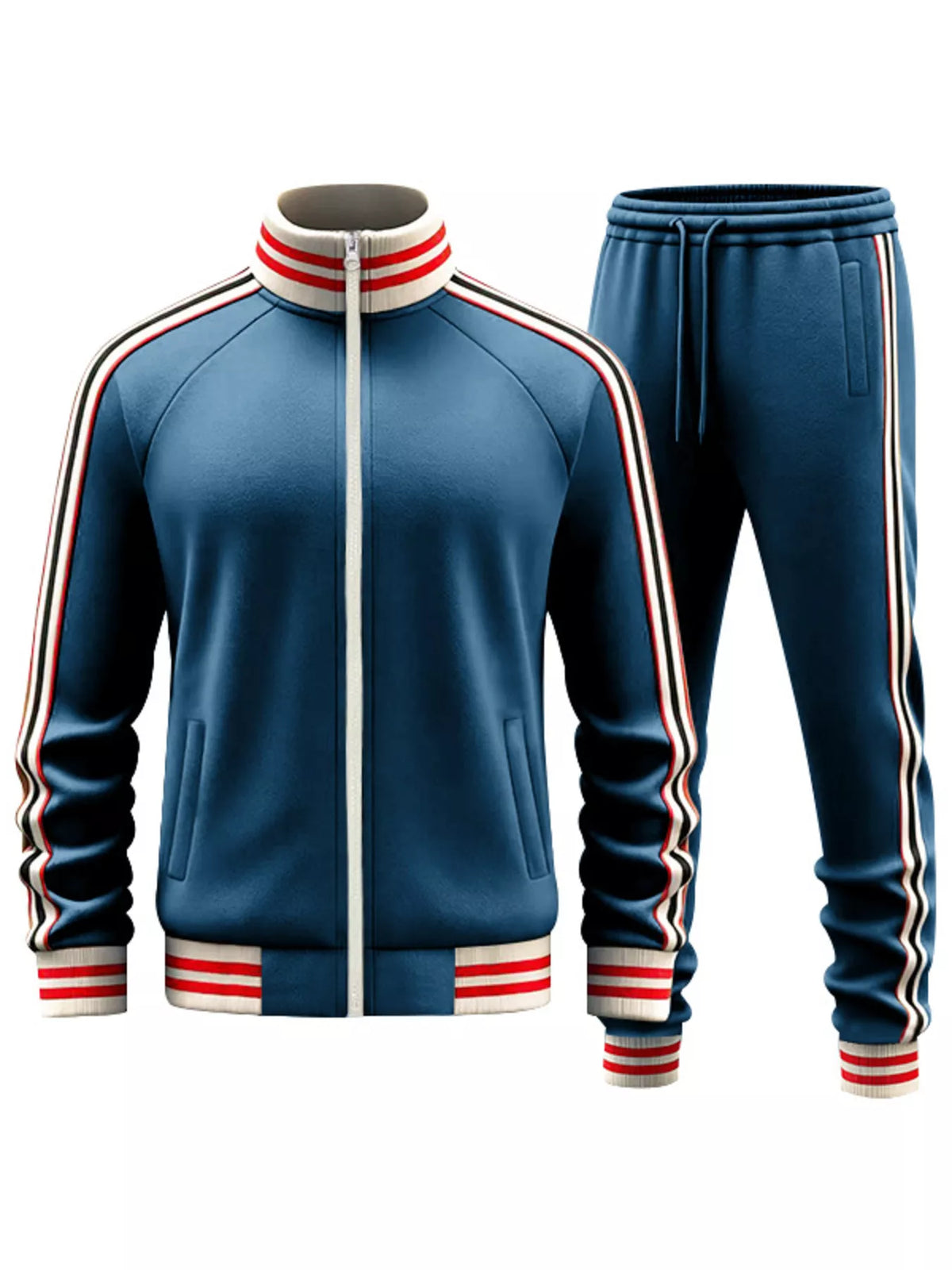 Blue zip-up track jacket and jogger pants set with red-white striped trim