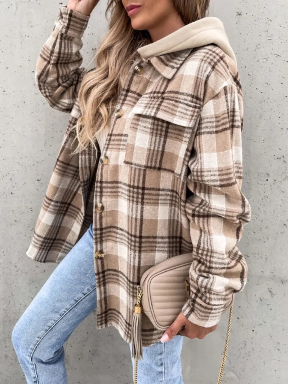 Camel plaid button-up jacket with removable hood and flap pockets, long sleeves