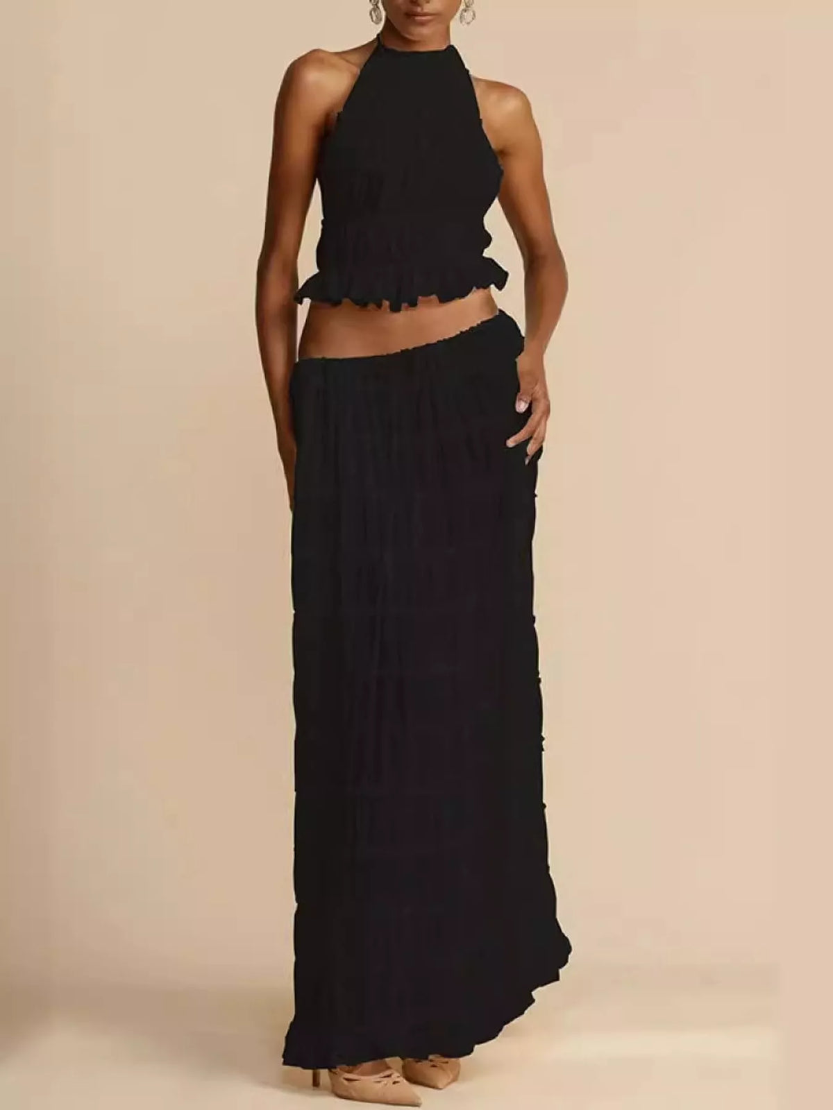 Black halter ruffle crop top and tiered maxi skirt set