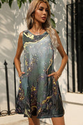 Sleeveless round-neck dress with shiny abstract print, gold-on-dark, flared hem