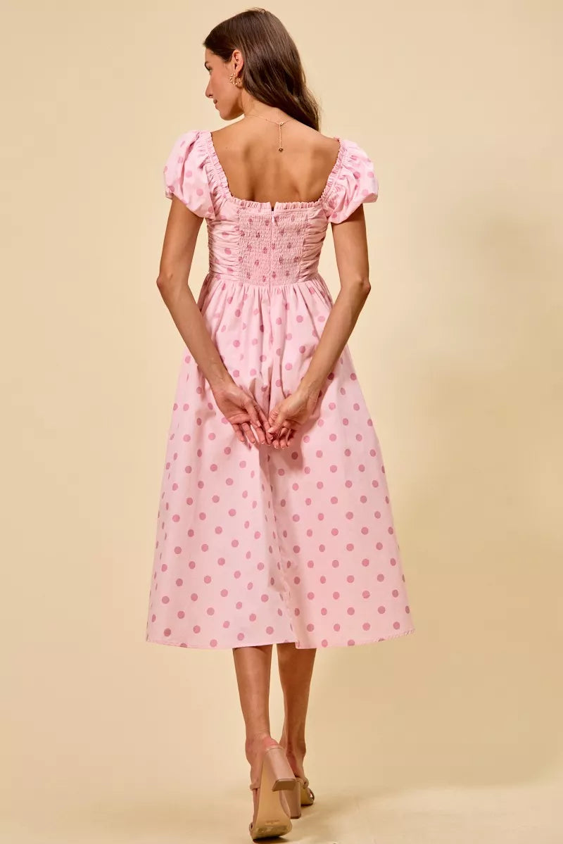 Cedar & Moore SO ME Polka Dot Cotton Midi Dress, pink with puff sleeves and smocked back