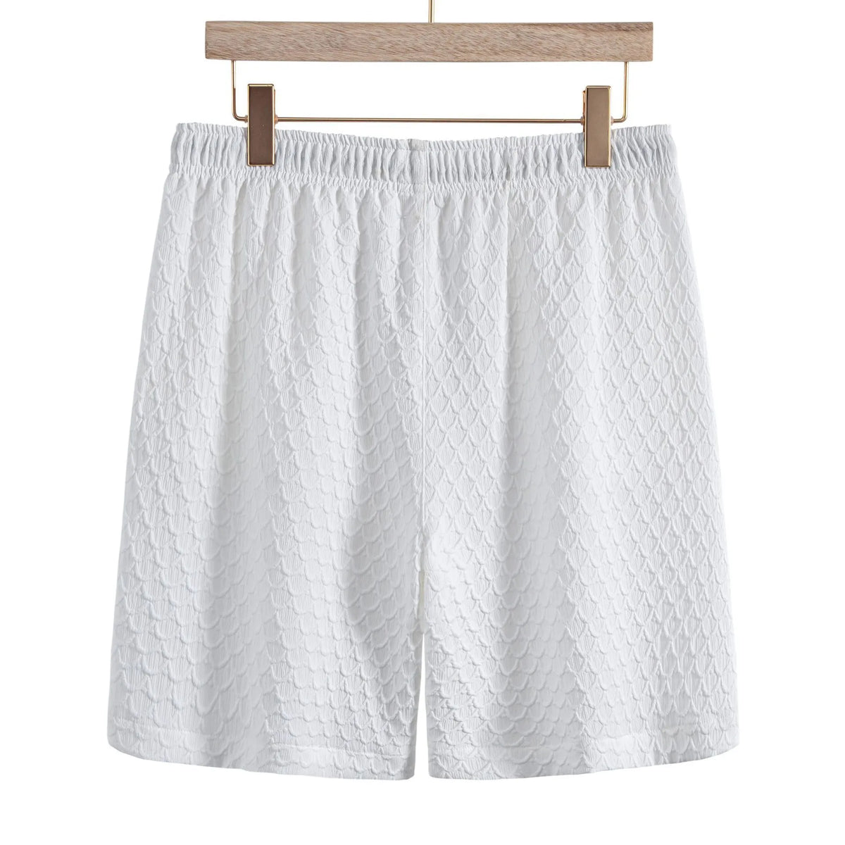 Men's white lightweight drawstring shorts, textured scale print, elastic waist