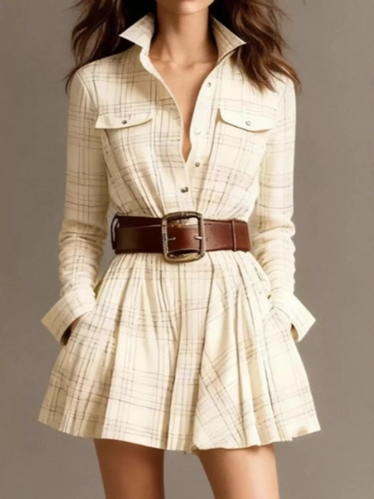 Cream plaid long-sleeve shirt dress with brown belt, button front, and pleated mini skirt