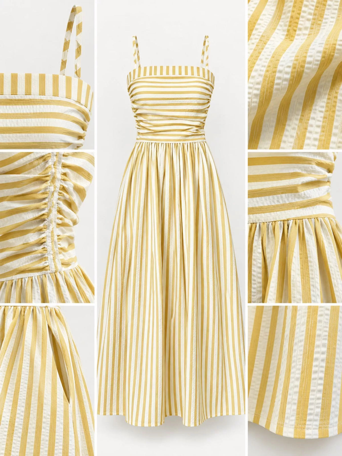 Ruched striped spaghetti-strap maxi dress detail, yellow-and-white stripes