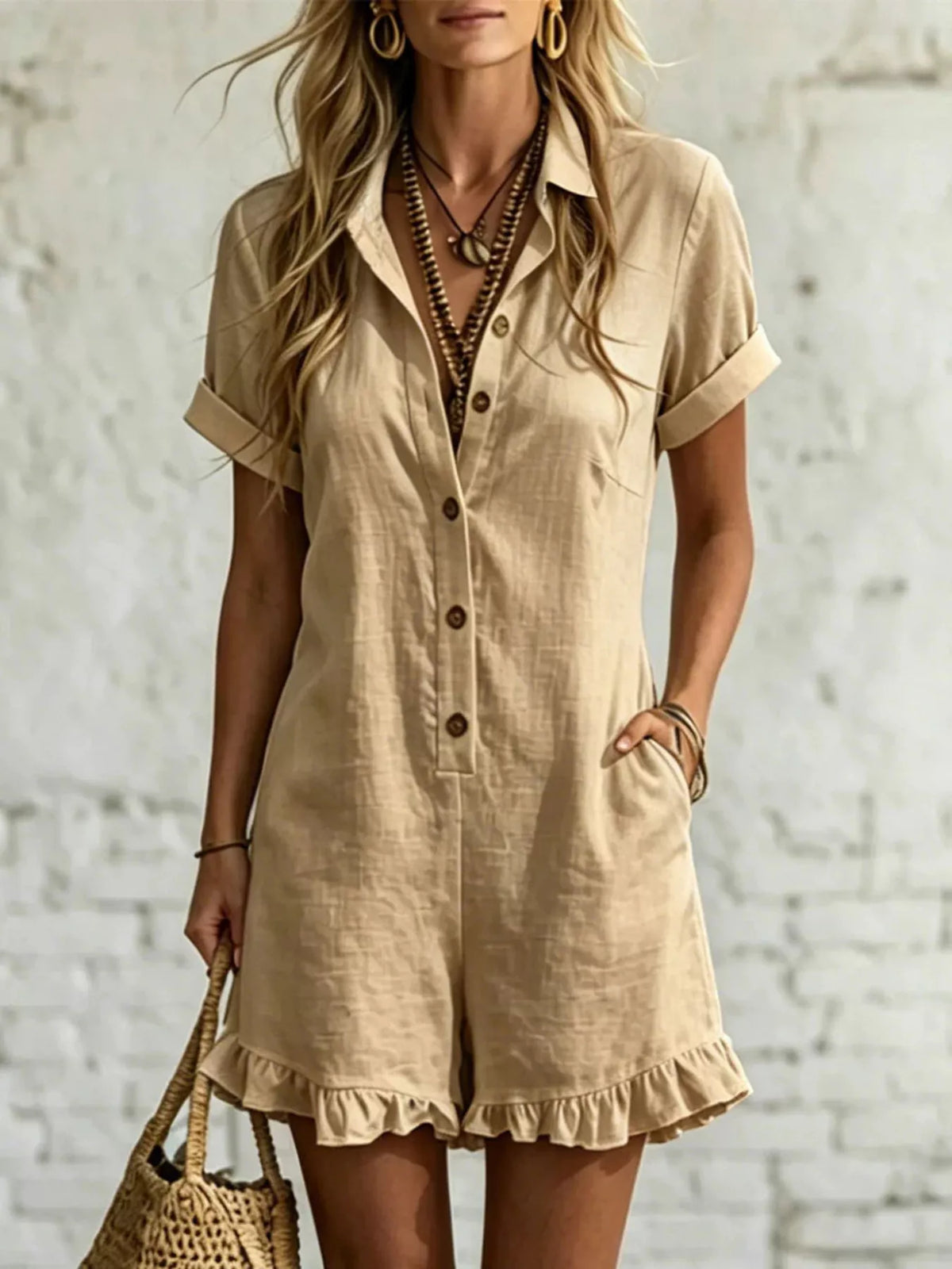 Khaki button-front ruffled pocket romper with short sleeves