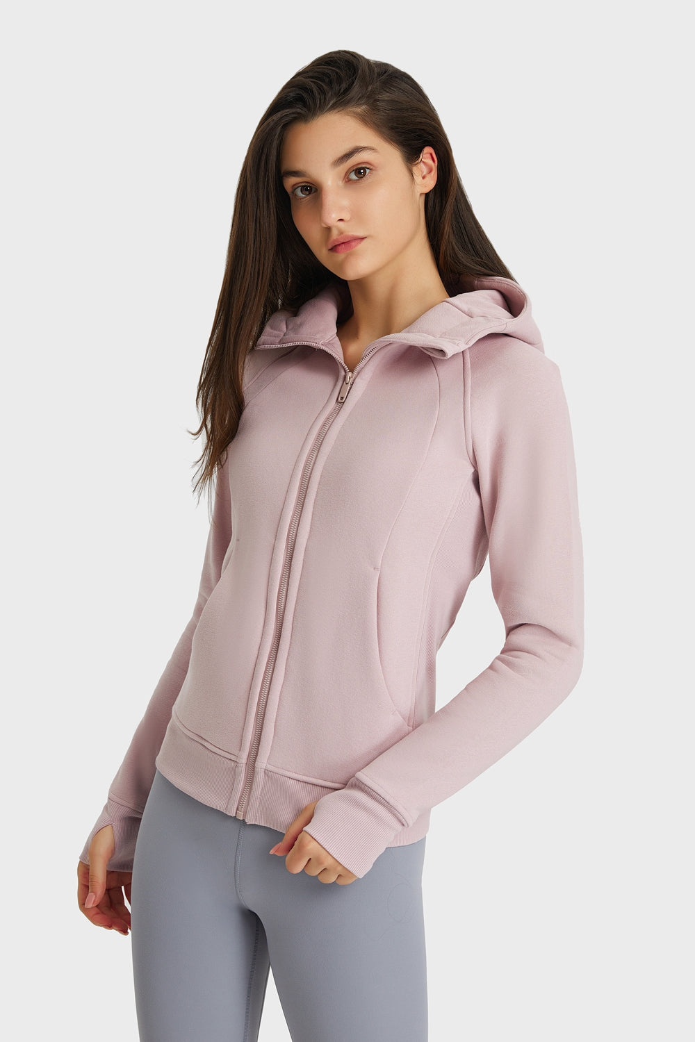 Dusty pink zip-up hooded sports jacket with seam detail and full zipper