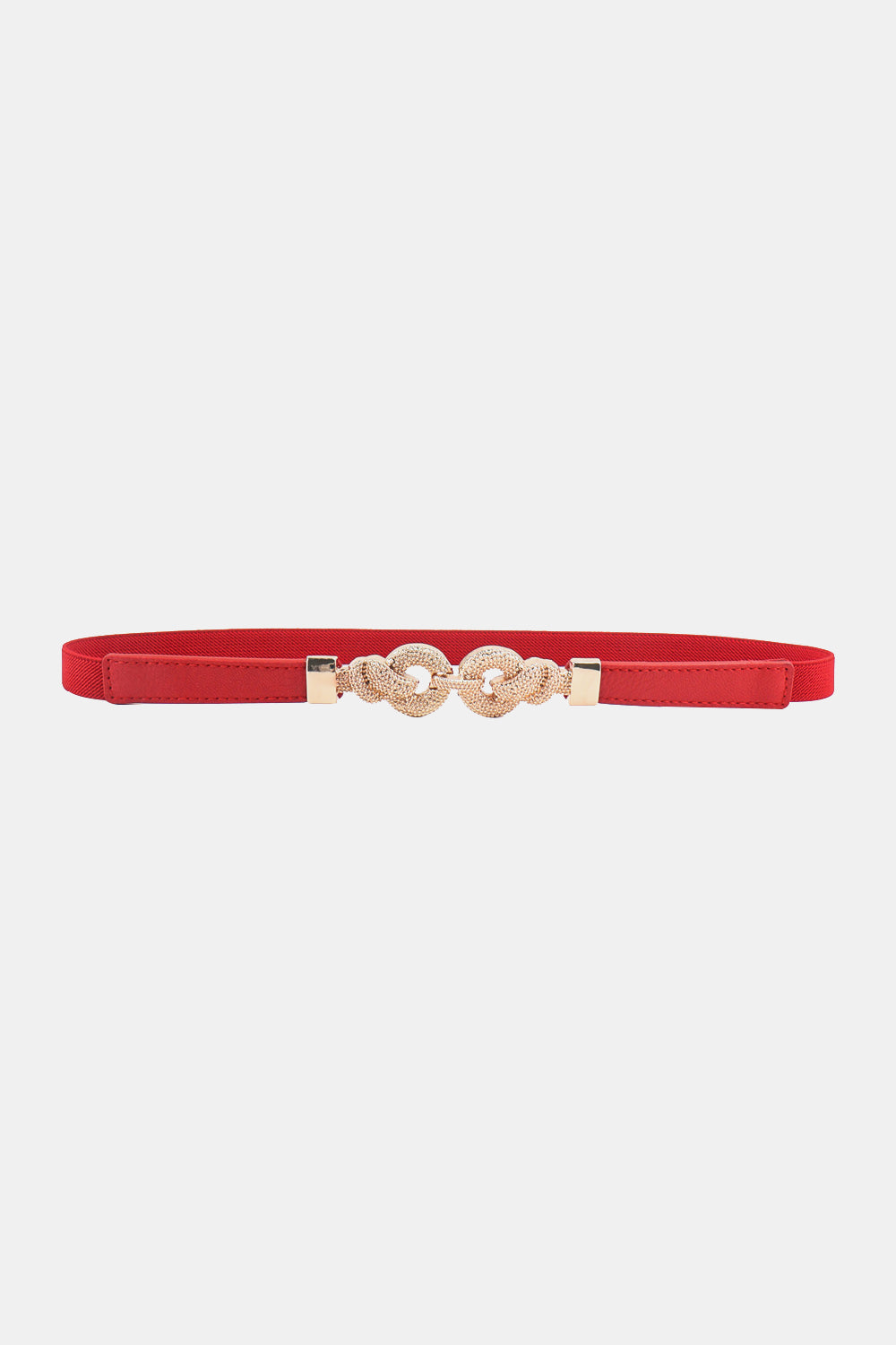 Red vegan leather belt with zinc alloy buckle and oval chain link centerpiece