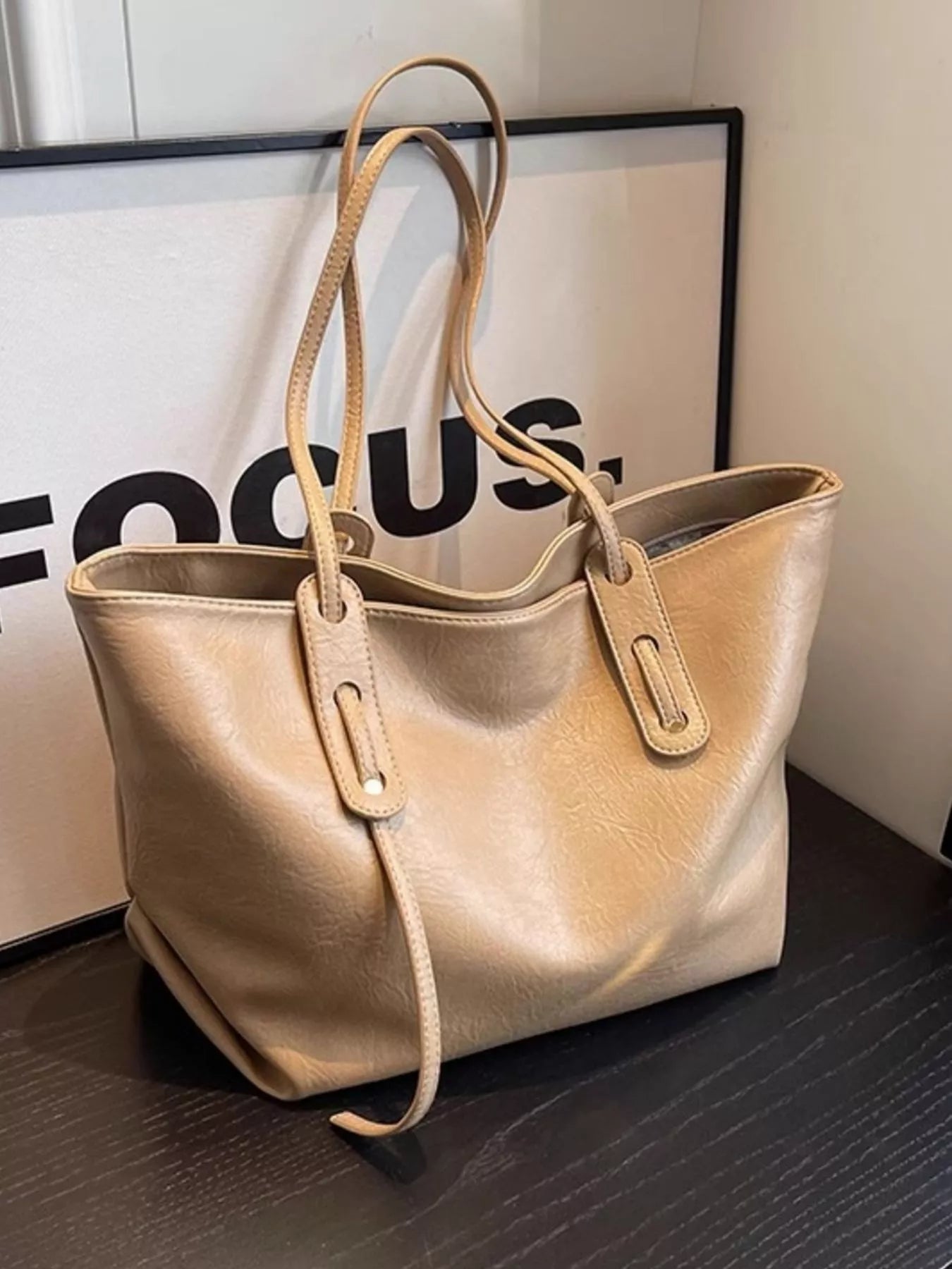 PU Leather Shoulder Bag large beige tote with dual top handles