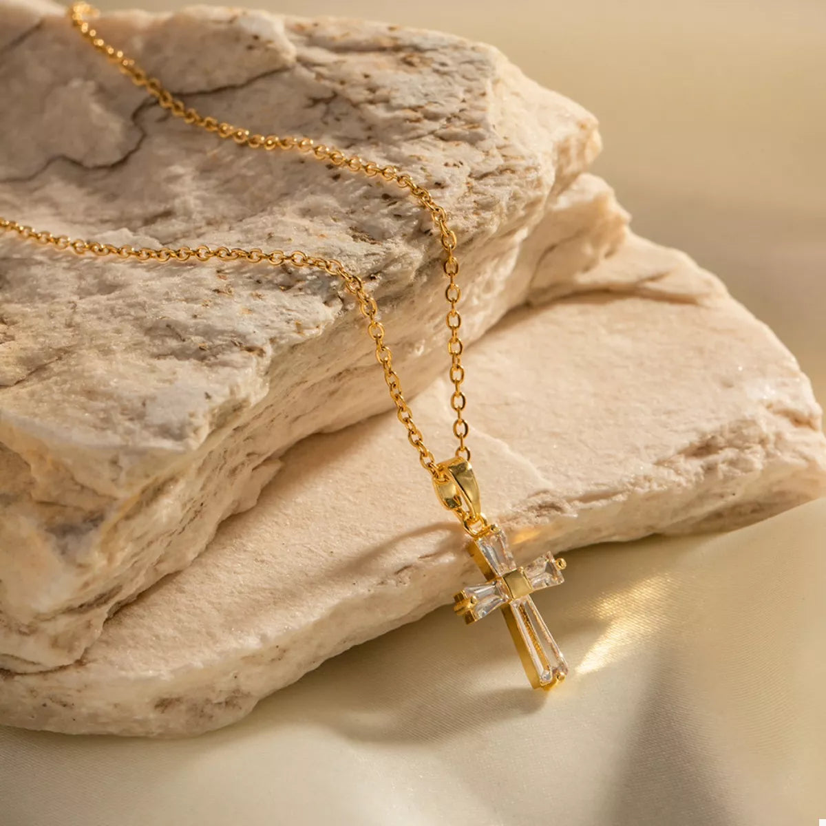 Gold-plated zircon cross charm necklace with clear stones and gold link chain