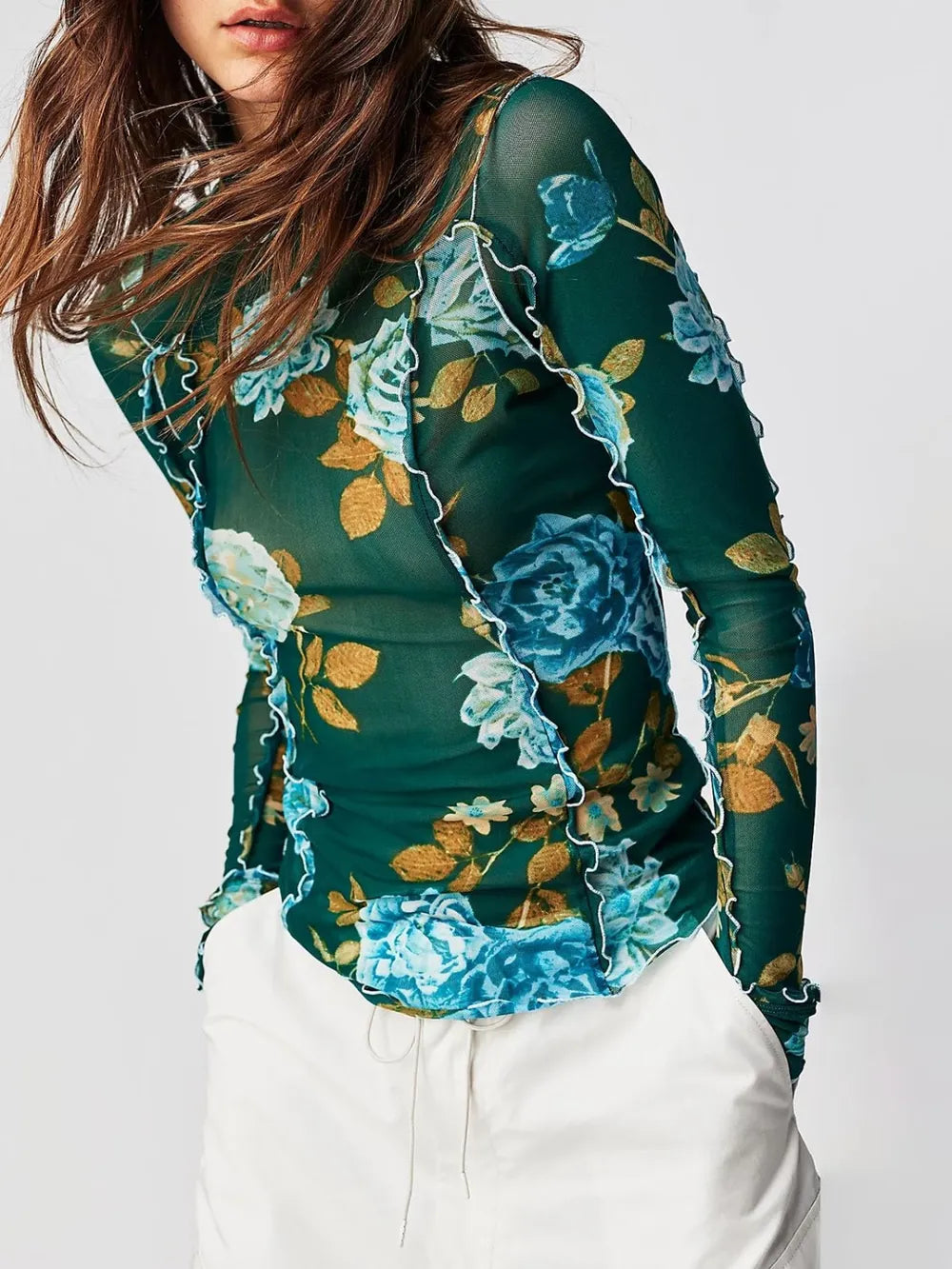 Mock neck floral long-sleeve top in dark green with blue roses and gold leaf print