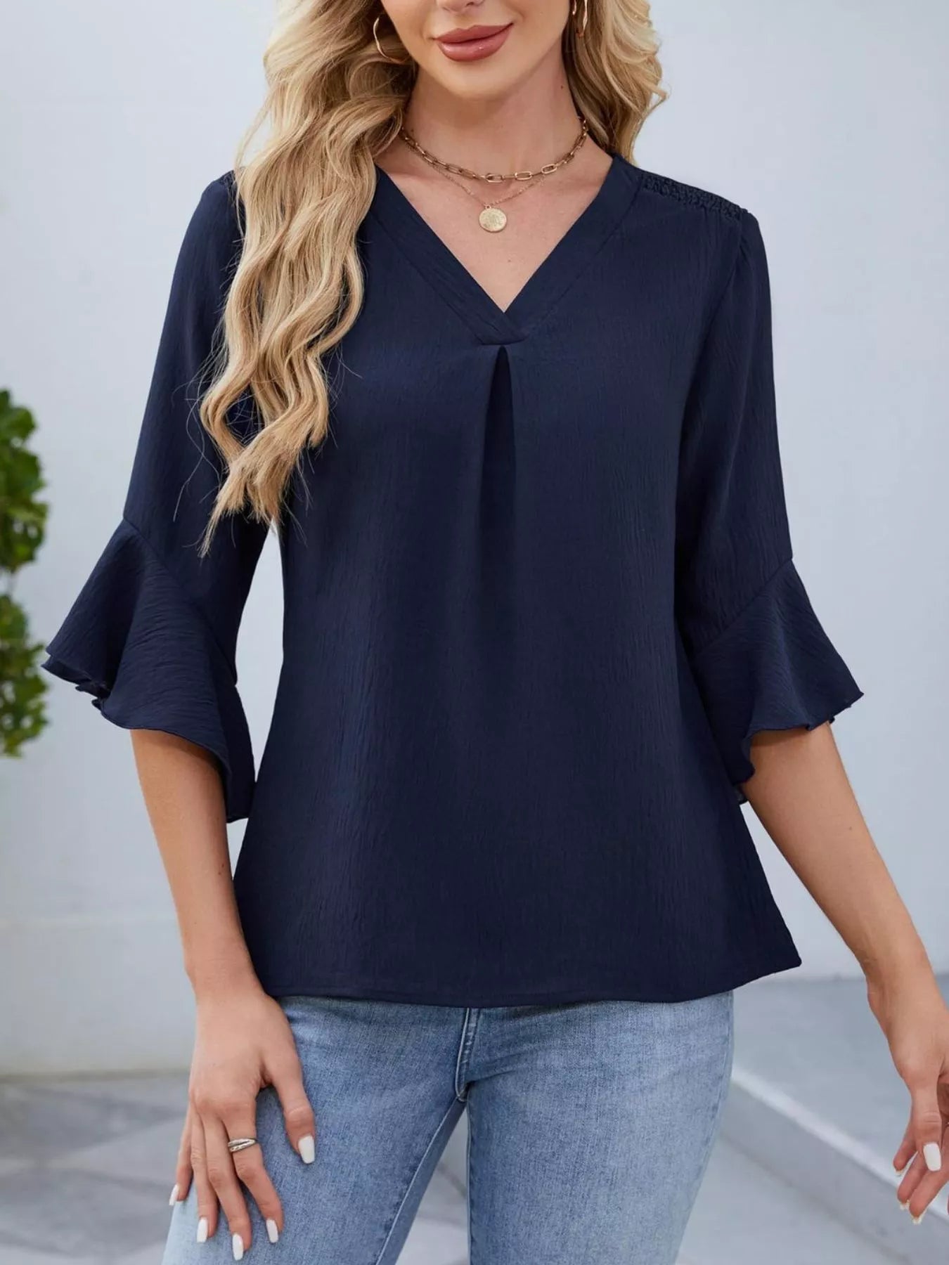 V-Neck Ruffle Sleeve Blouse in navy with flared ruffle sleeves - Trendsi