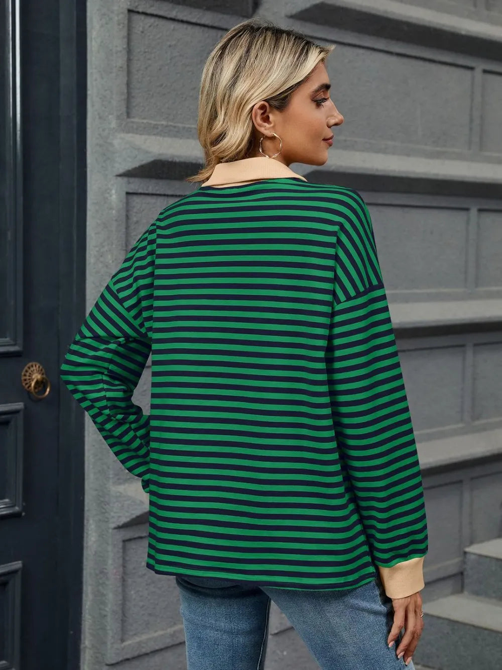 Green-and-black striped sweatshirt, long sleeves, Johnny-style collar, shown from back