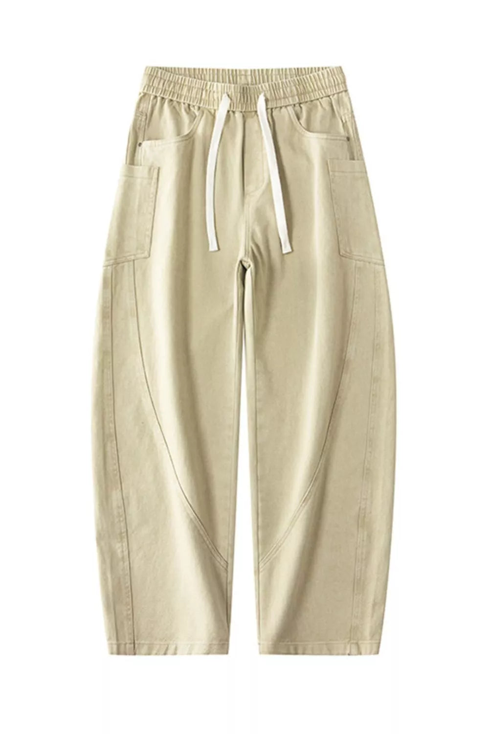 Men's sage cotton jeans with drawstring waist and front patch pockets