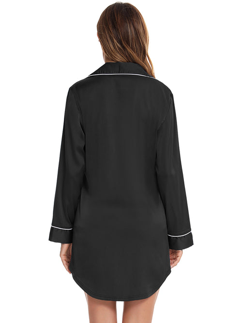 Black lapel-collar button-up night dress, back view, contrast piping at cuffs