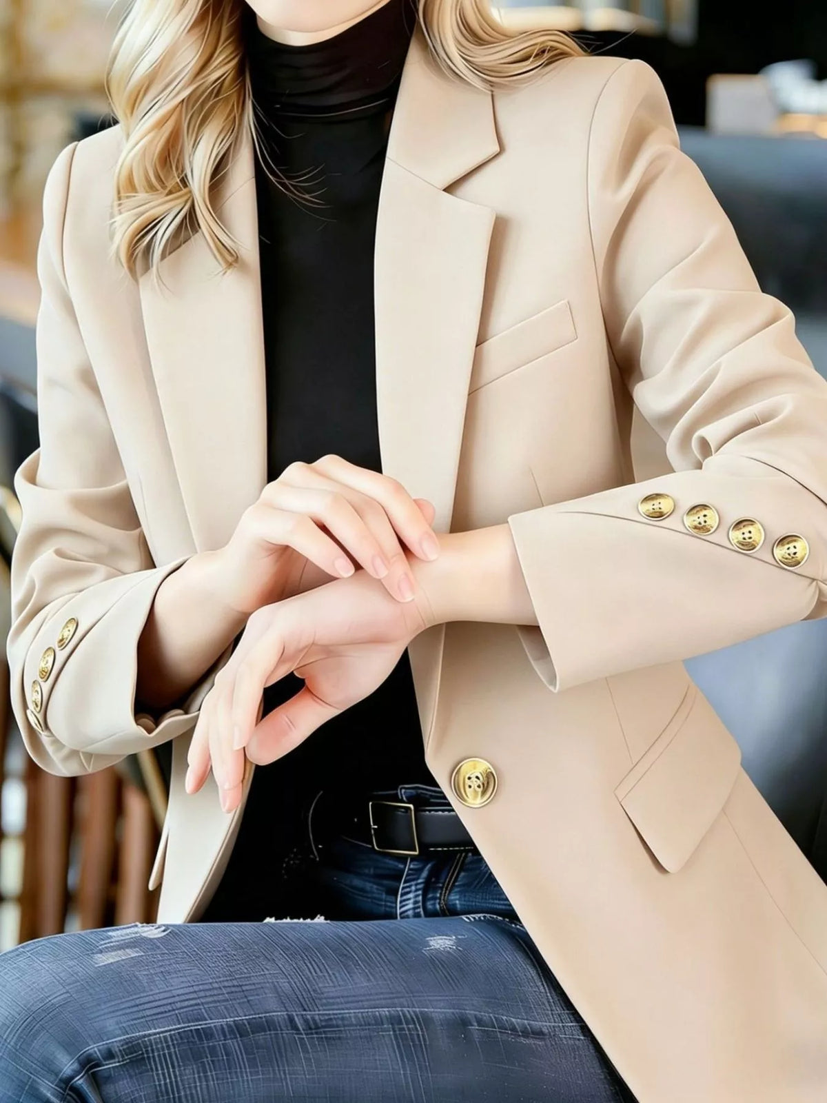 Apricot womens blazer sleeve and front detail with gold-tone buttons and lapel