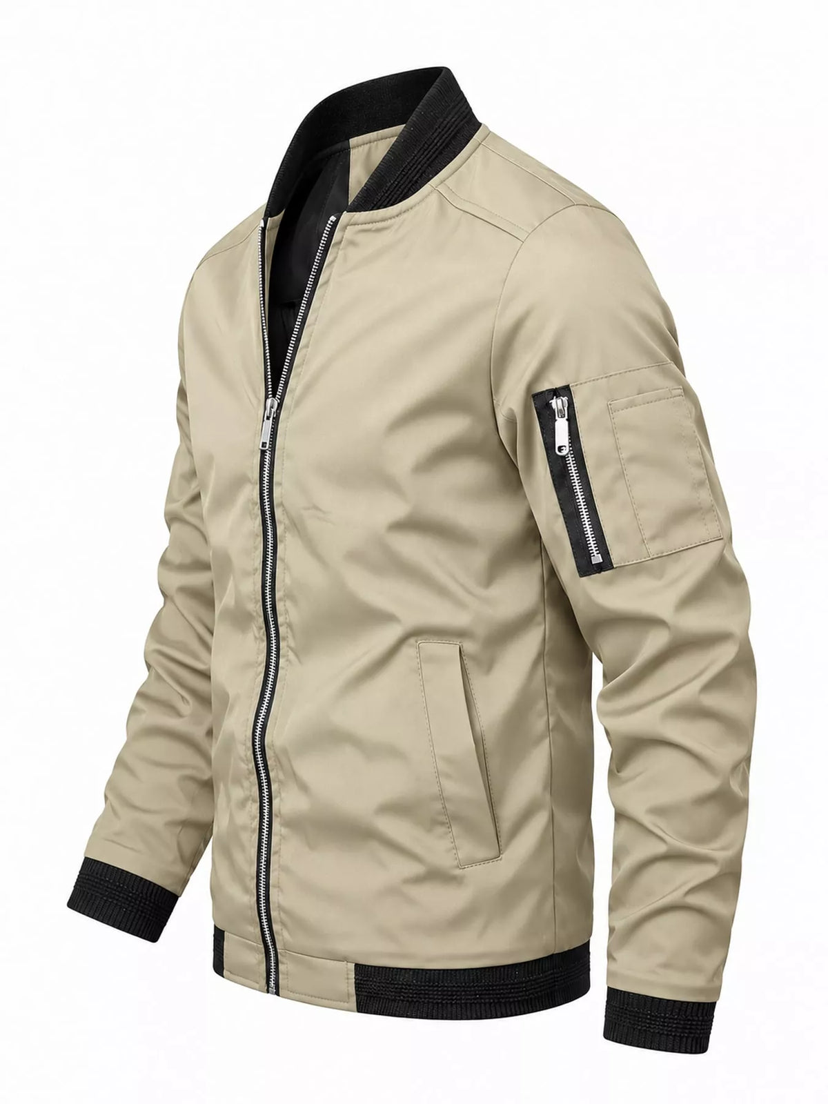 Men's lightweight off-white/khaki bomber jacket, full-zip front, sleeve zip pocket
