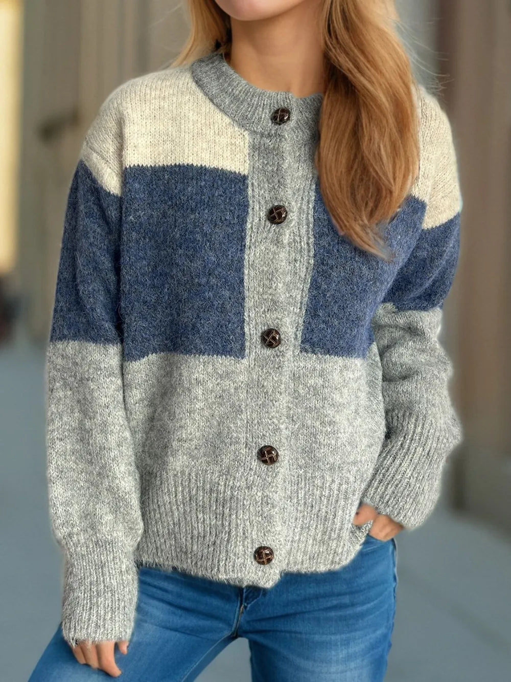 Color-block button-up cardigan in heather gray with blue panels, round neck, long sleeves
