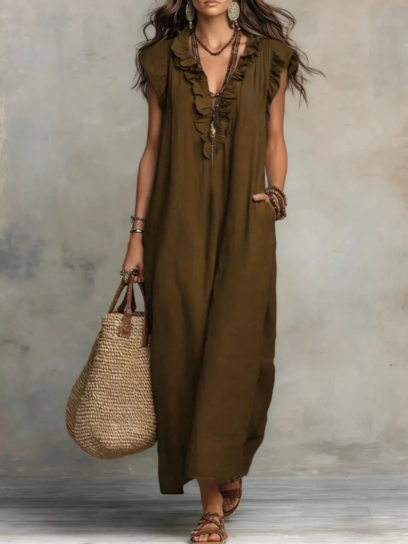 Brown ruffled V-neck maxi dress with short flutter sleeves and embroidered front