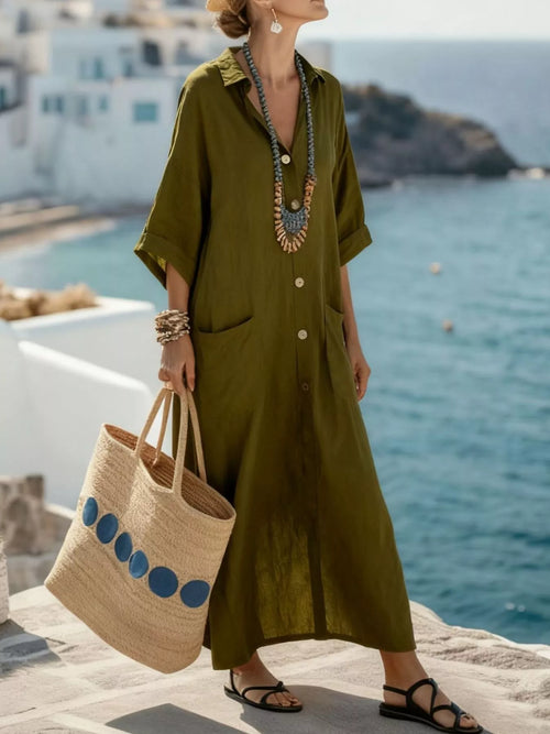 Olive button-front maxi dress with 3/4 sleeves, collar, and patch pockets