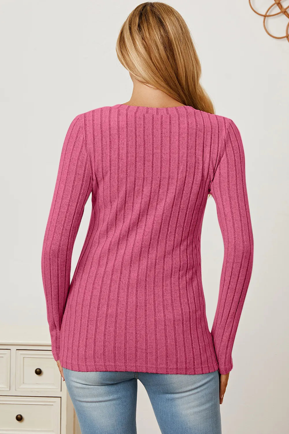 Cedar & Moore Basic Bae pink ribbed knit long sleeve T-shirt, back view