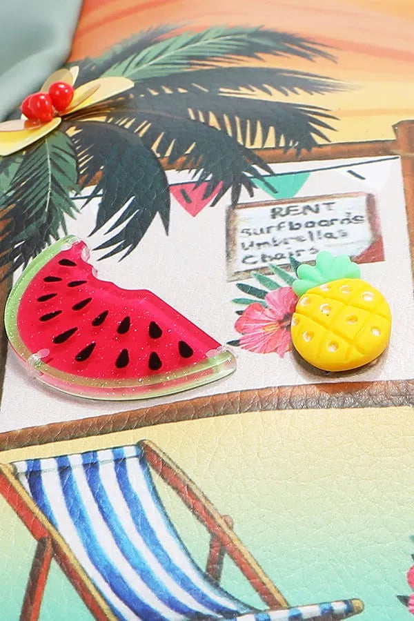 Canvas shoulder bag with watermelon and beach scene print, top handle and strap