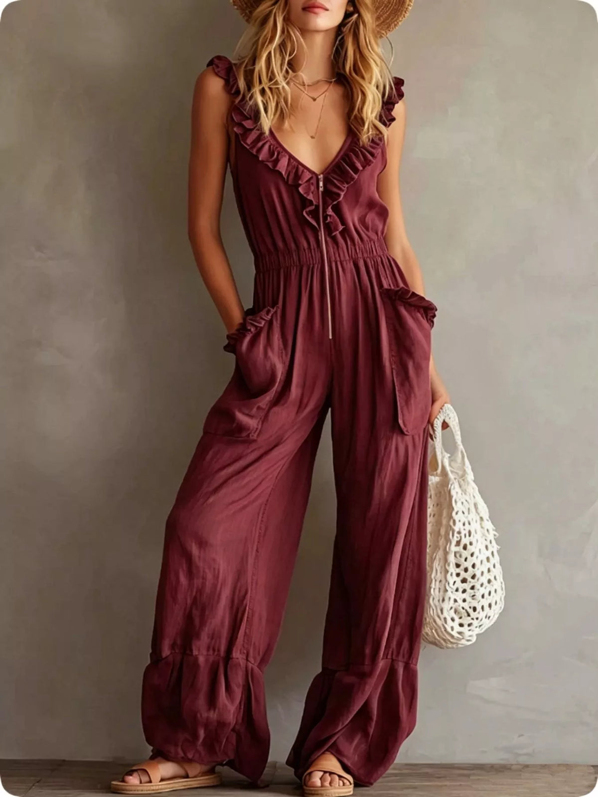 Ruffled V-neck wide-leg jumpsuit in burgundy with button front and side cargo pockets