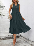 V-neck sleeveless tiered dress, dark green, buttoned bodice, tiered skirt