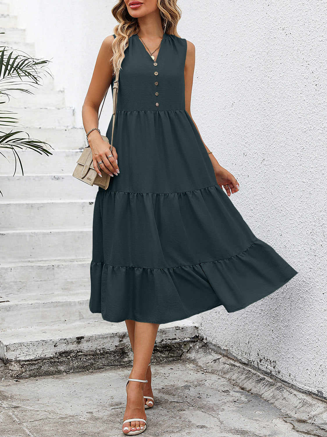 V-neck sleeveless tiered dress, dark green, buttoned bodice, tiered skirt