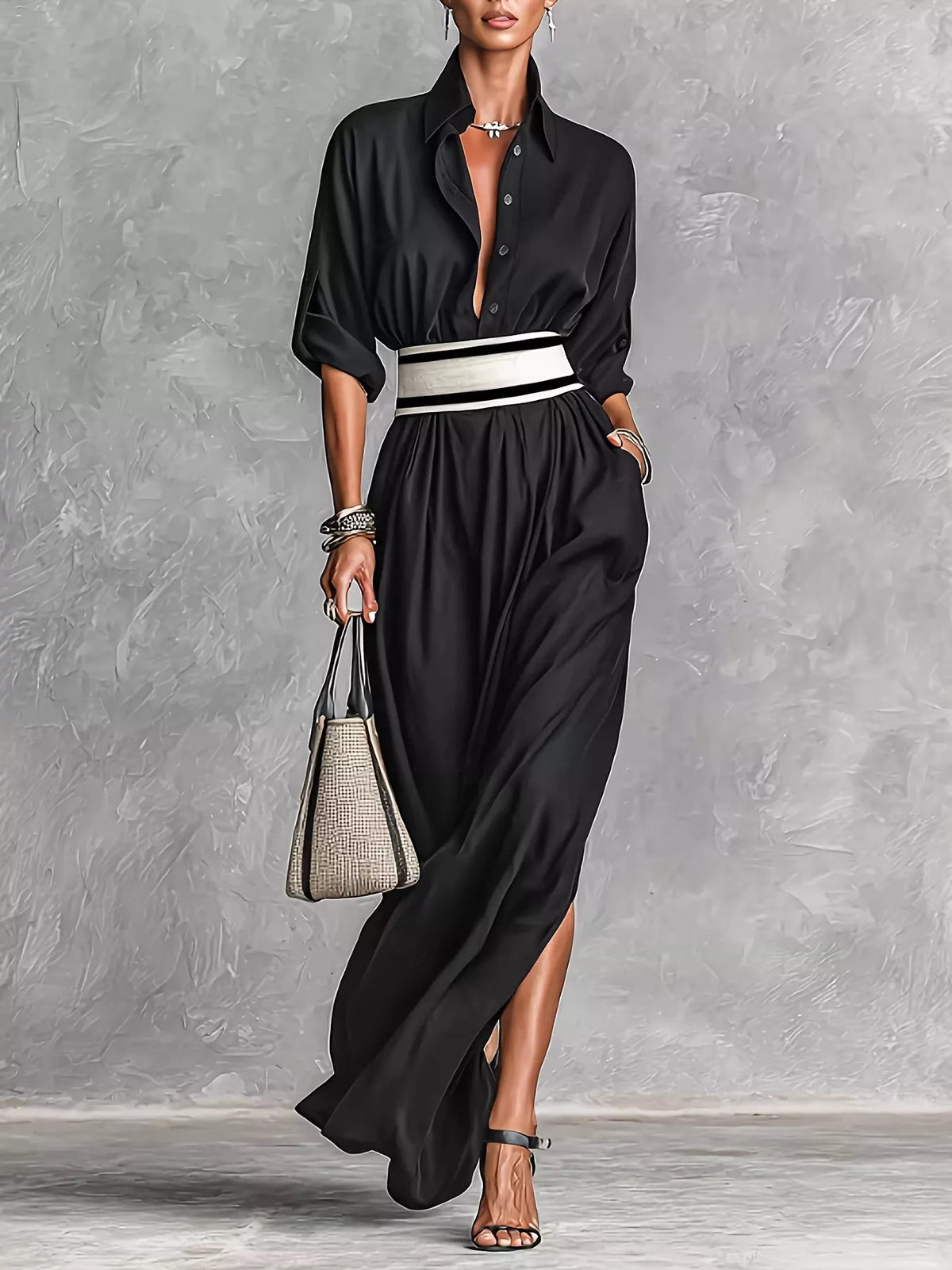 Black button-front maxi dress with roll-up sleeves, striped belt, and side slit