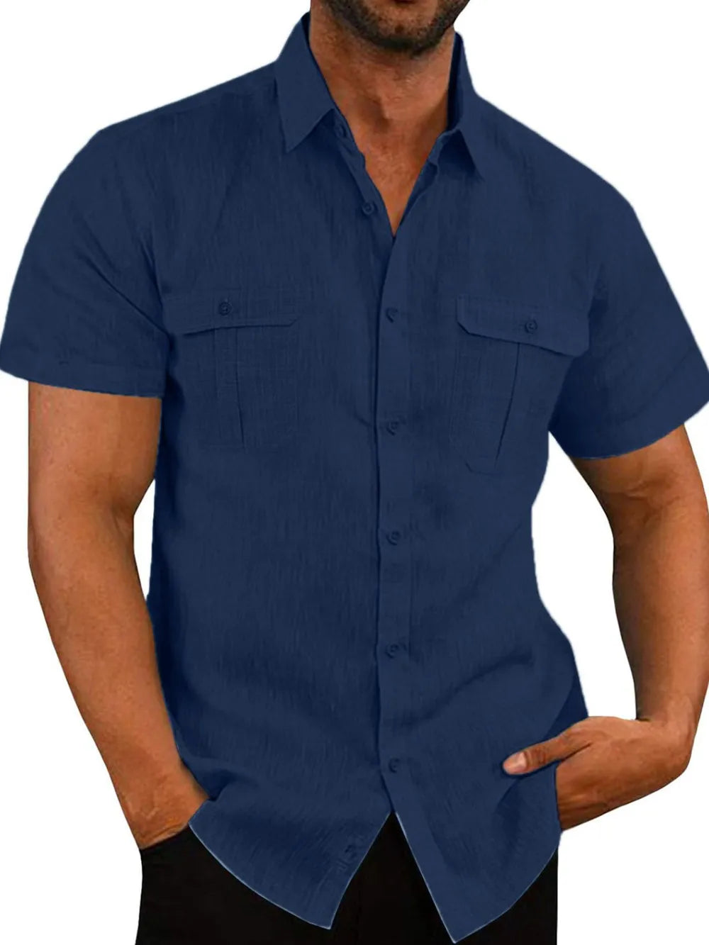 Navy men's plus size short-sleeve collared shirt with two chest pockets
