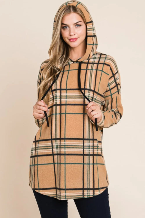 Taupe plaid long-sleeve hoodie with drawstring hood and kangaroo pocket
