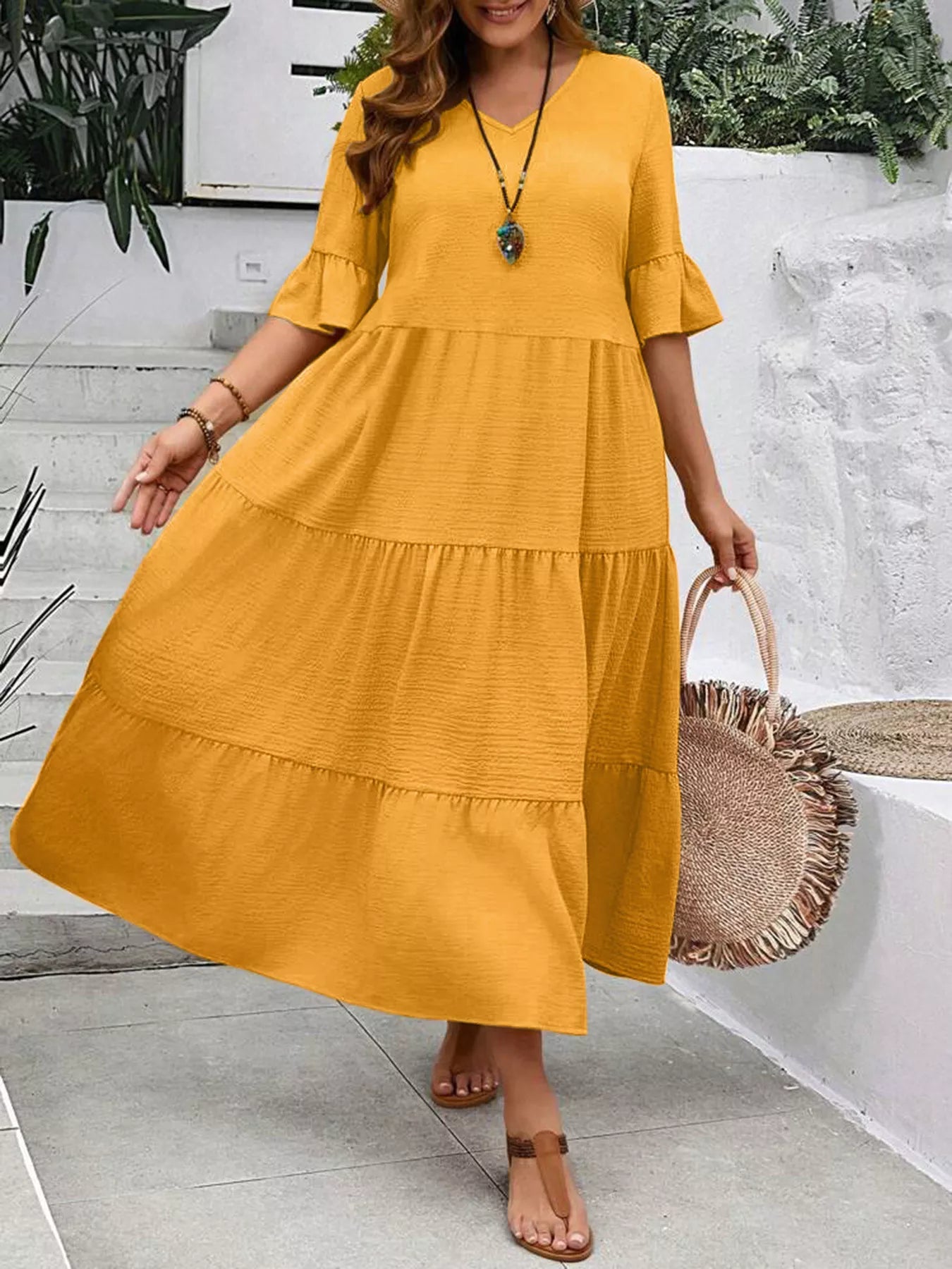 Tiered midi dress with ruffle sleeves, mustard yellow