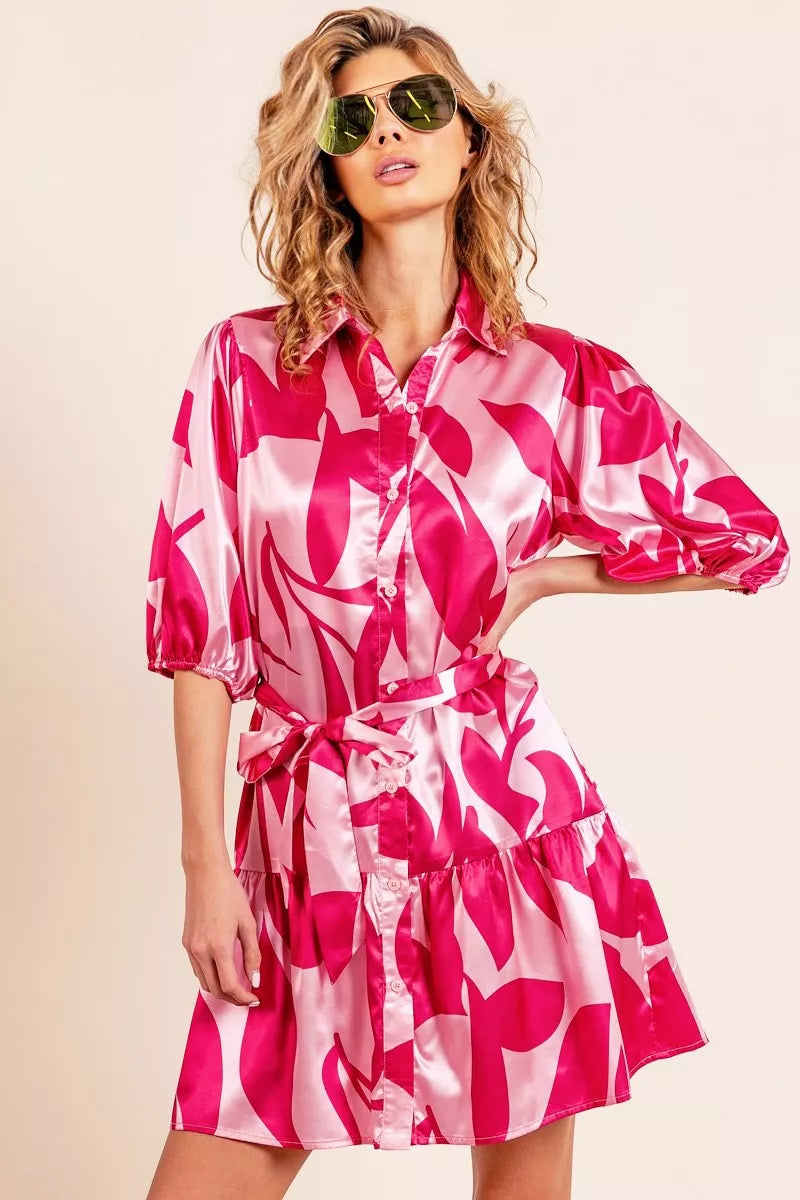 Cedar & Moore BiBi leaf-pattern collared satin dress in pink with waist tie and puff sleeves