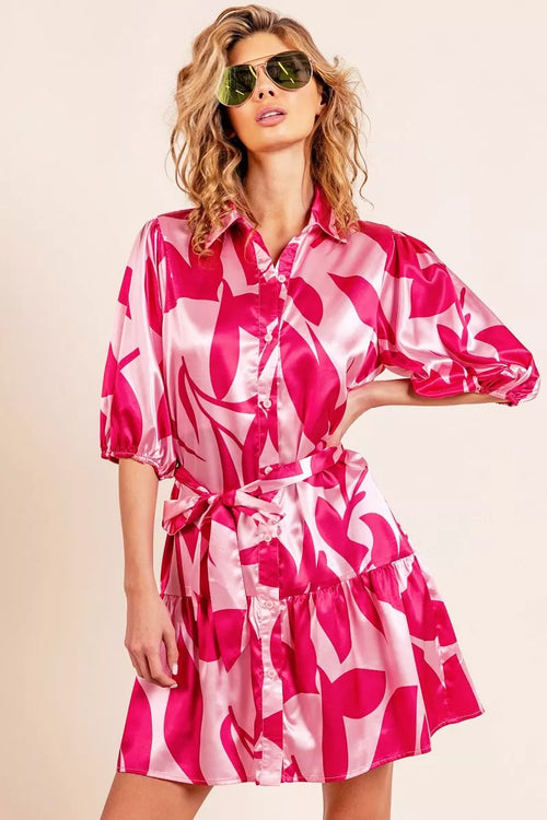 Fuchsia leaf-print satin collared dress with tied waist and tiered ruffle hem