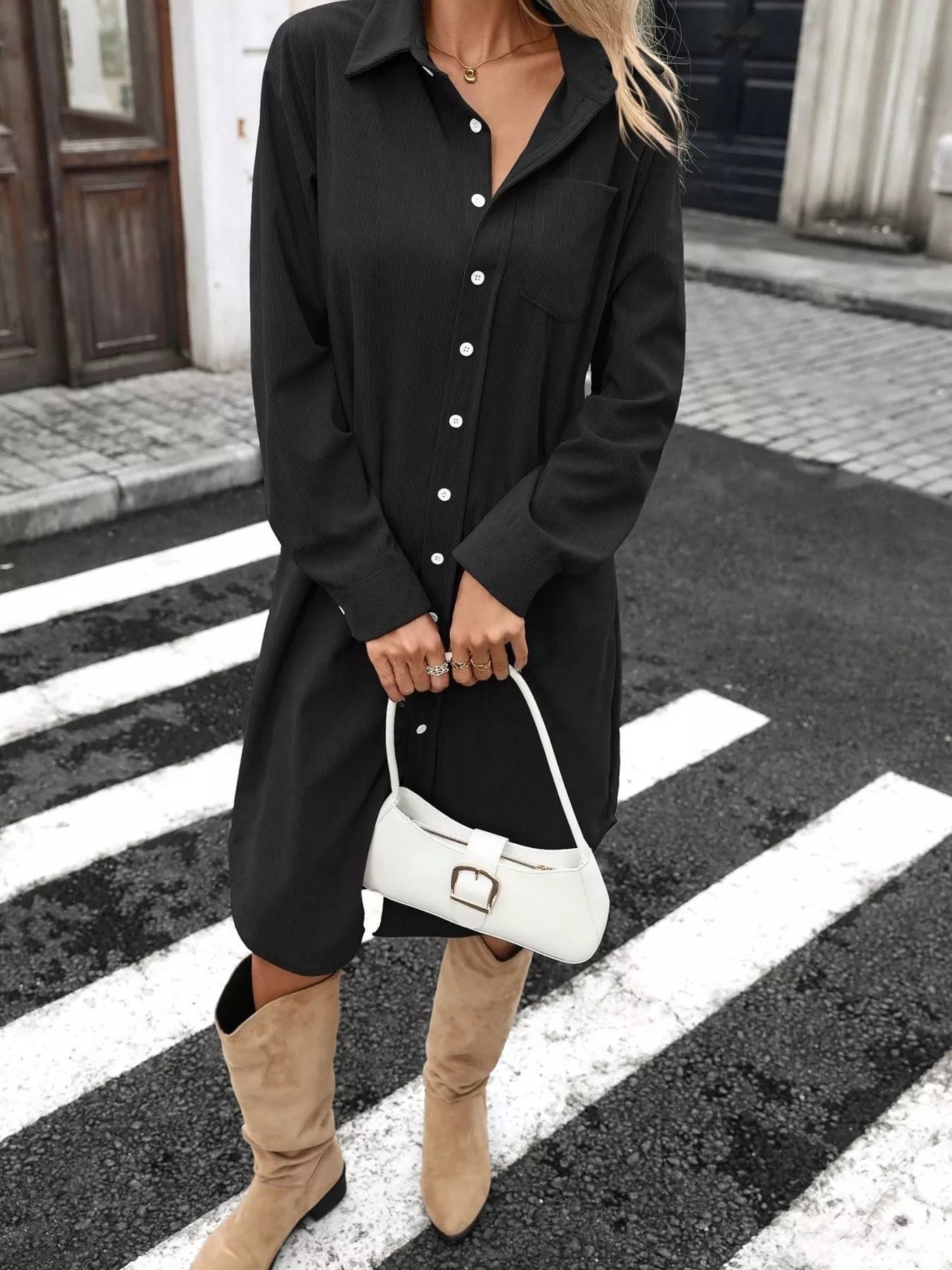 Black corduroy shirt dress, button-front placket, long sleeves, midi length