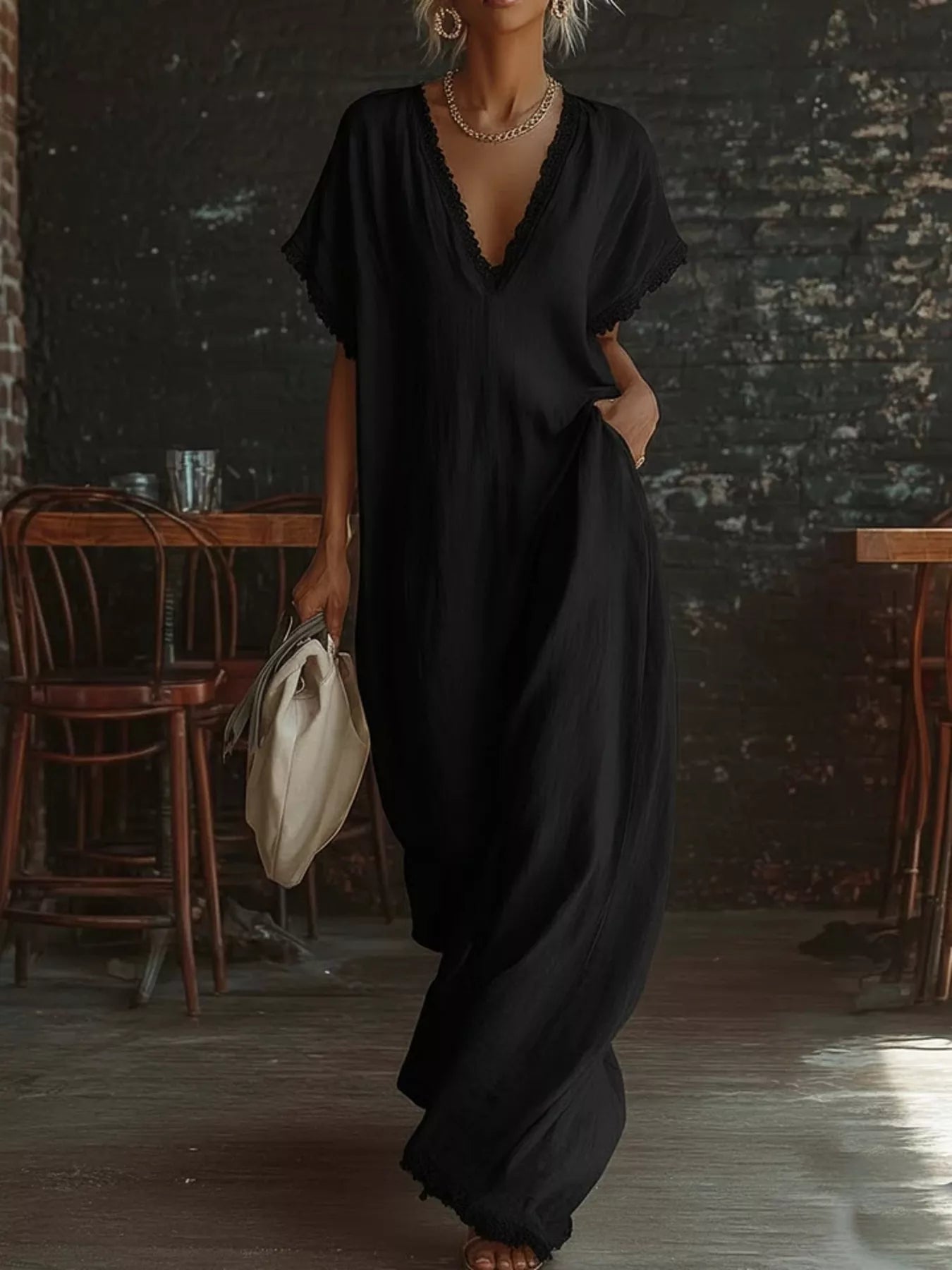 Black lace-trim V-neck maxi dress with short sleeves and loose floor-length fit.