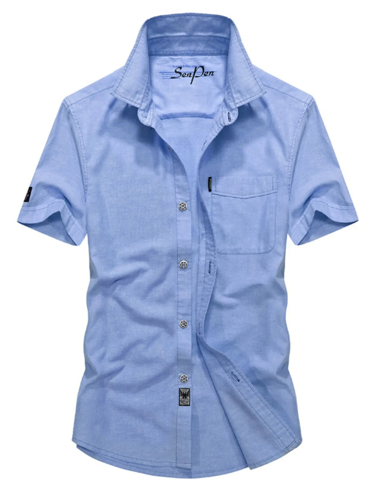 Men's short-sleeve button-down shirt in sky blue, chest pocket, button front