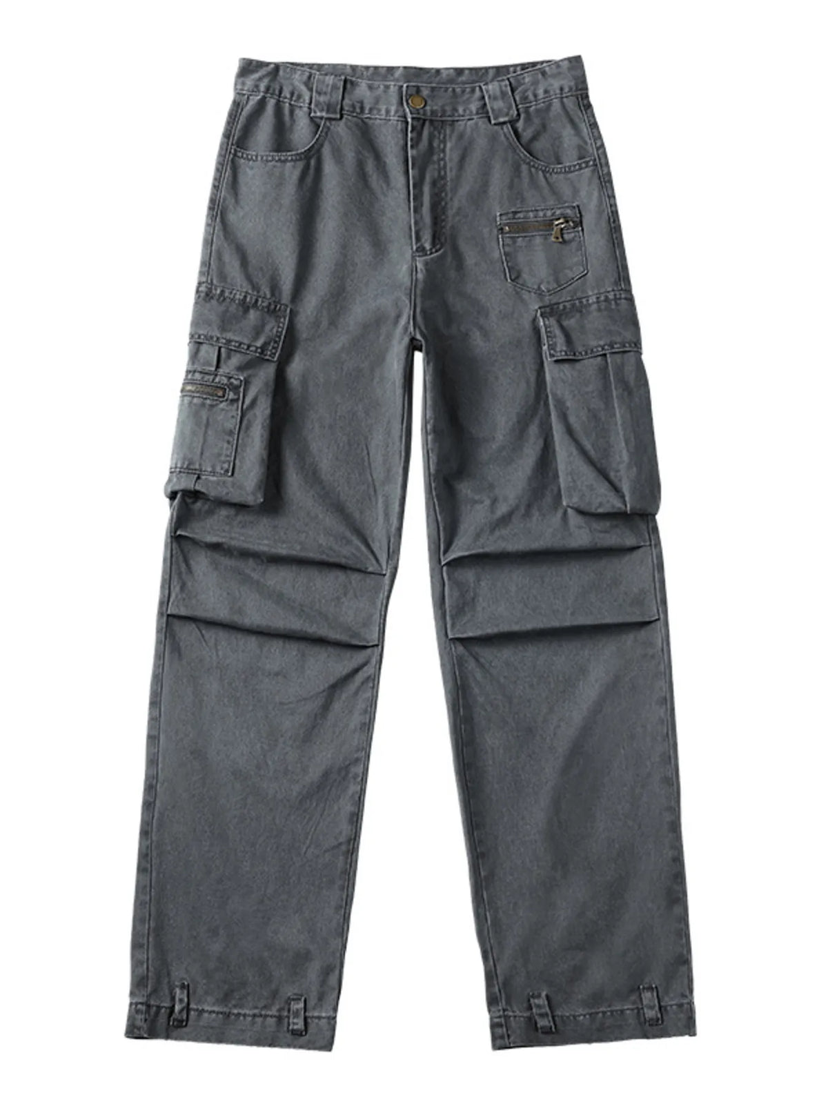 Washed charcoal cargo jeans with multiple flap side pockets and button fly.