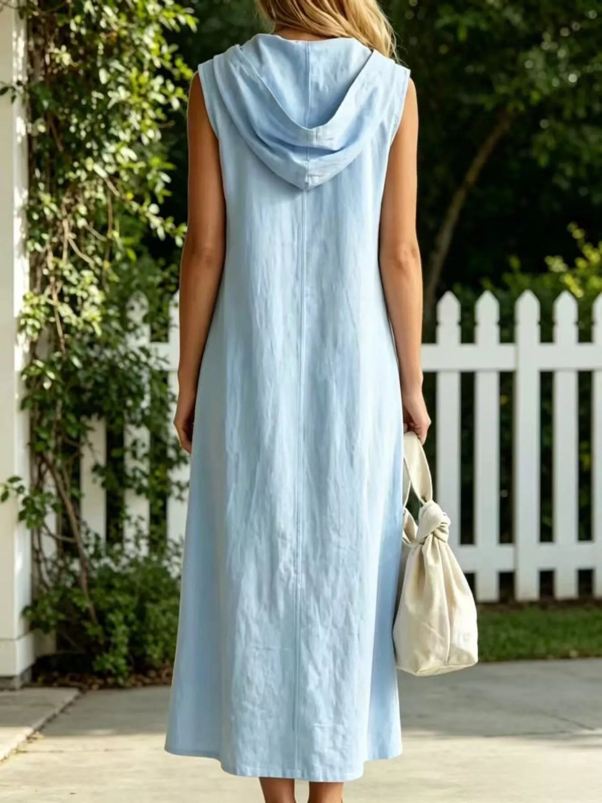 Hooded zip-front sleeveless cotton dress, light sky blue, hooded back and maxi length