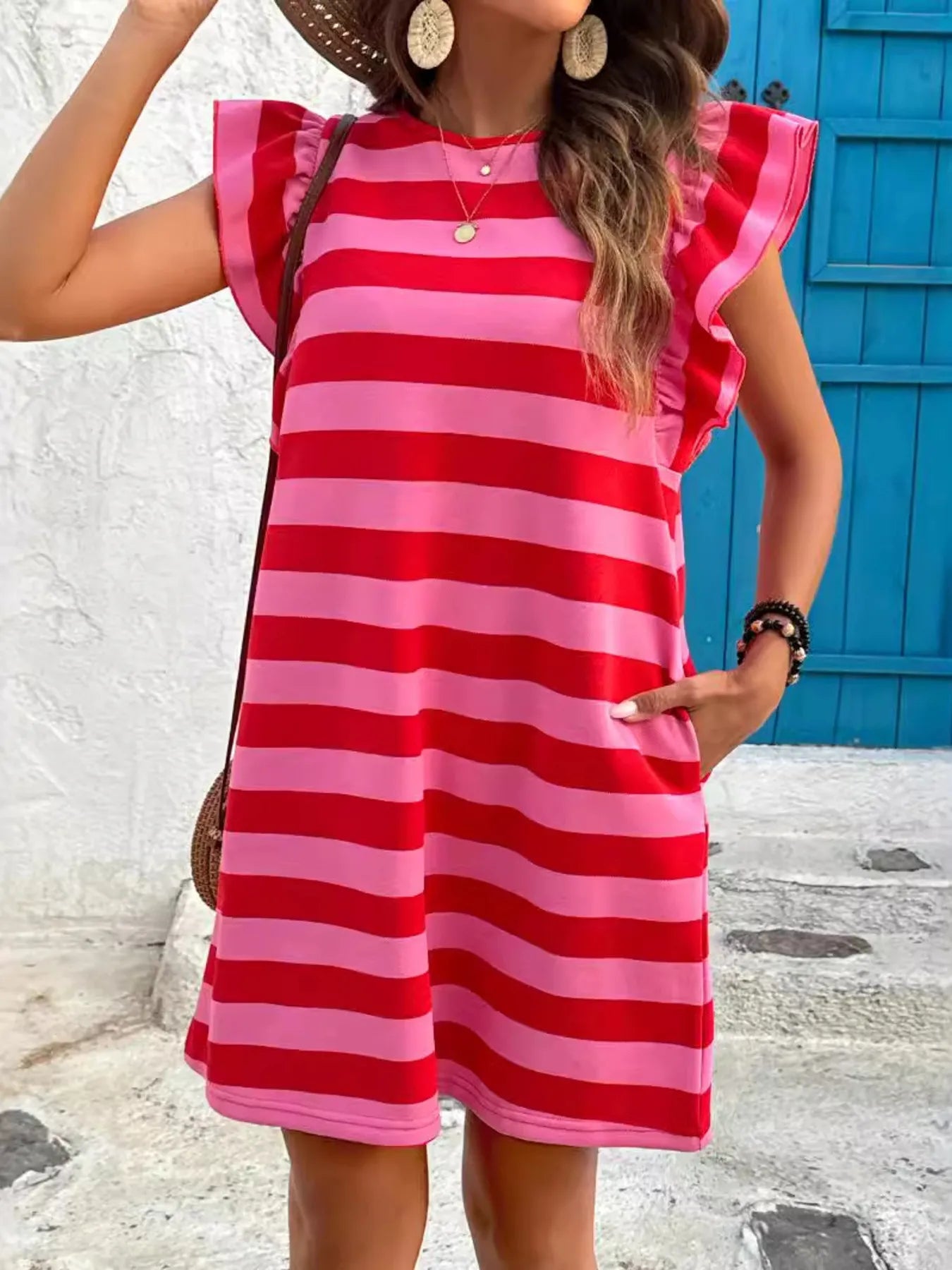 Striped pink and red ruffle-sleeve casual summer dress with pockets, Trendsi