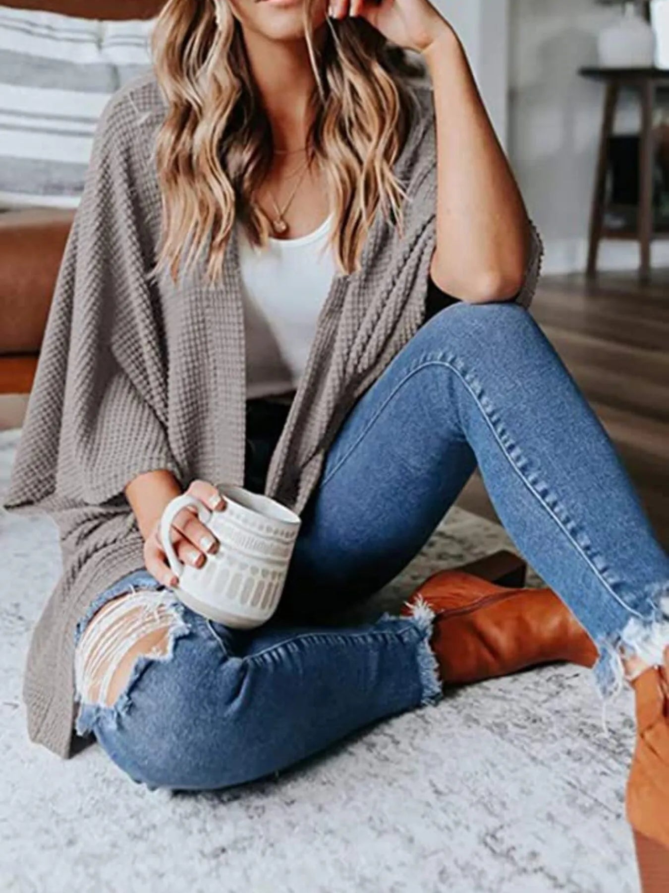 Open front waffle knit cardigan, light grey, draped kimono sleeves, plus size