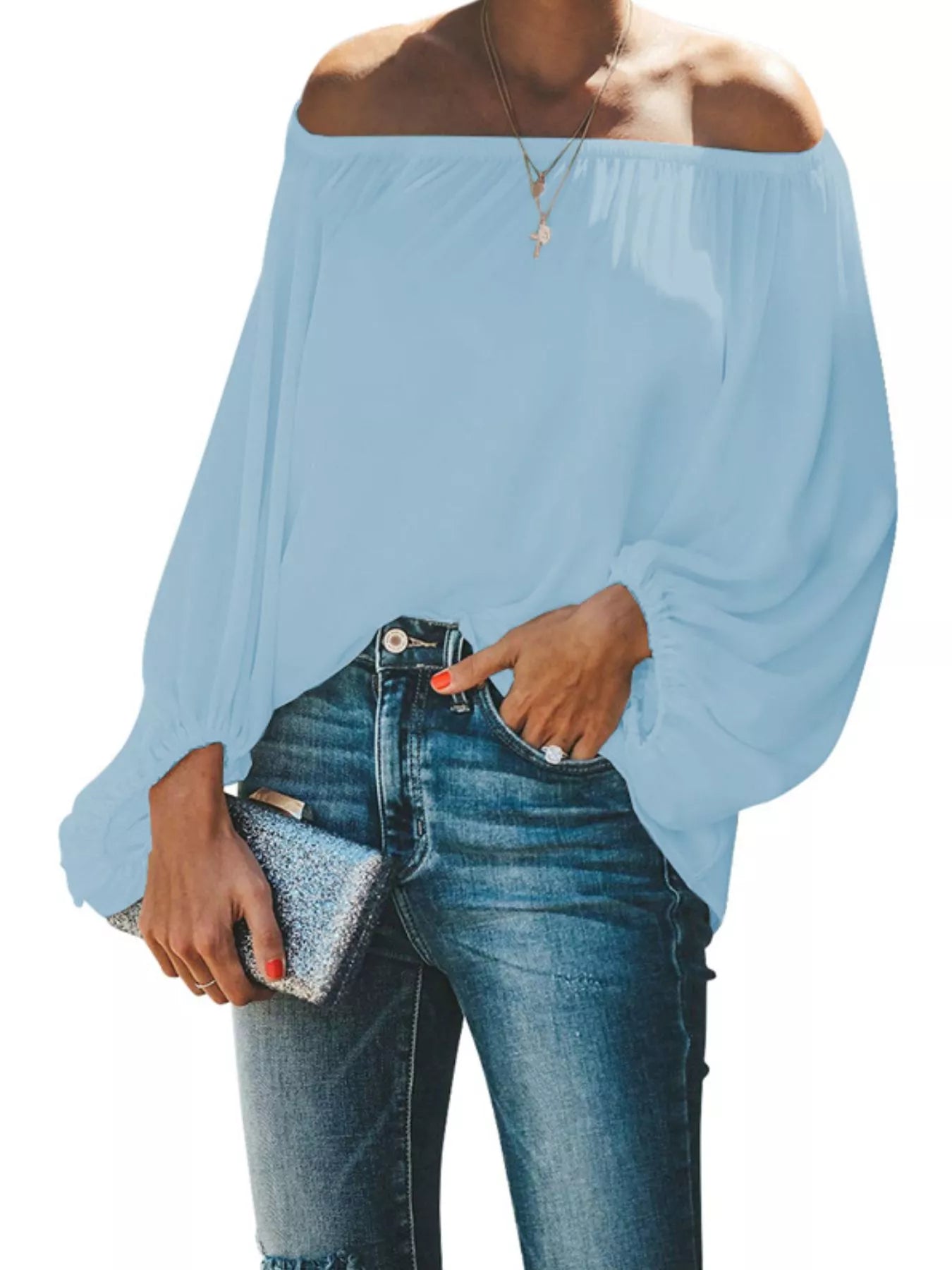Cedar & Moore Full Size Off-Shoulder Balloon Sleeve Blouse in light blue, plus size by Trendsi.