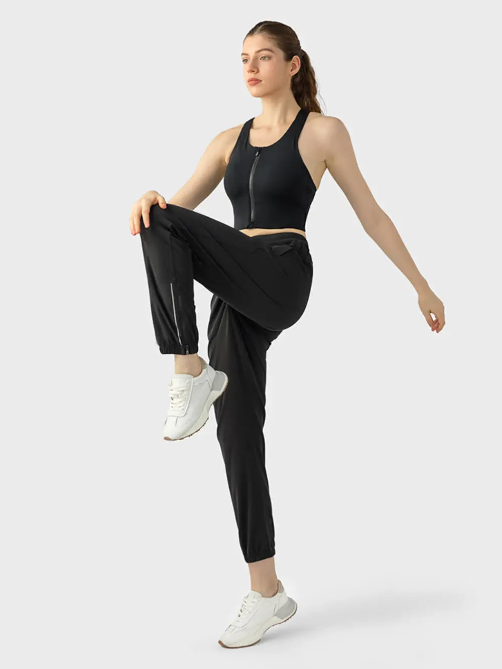 Wide-strap sport bra, black front with racerback