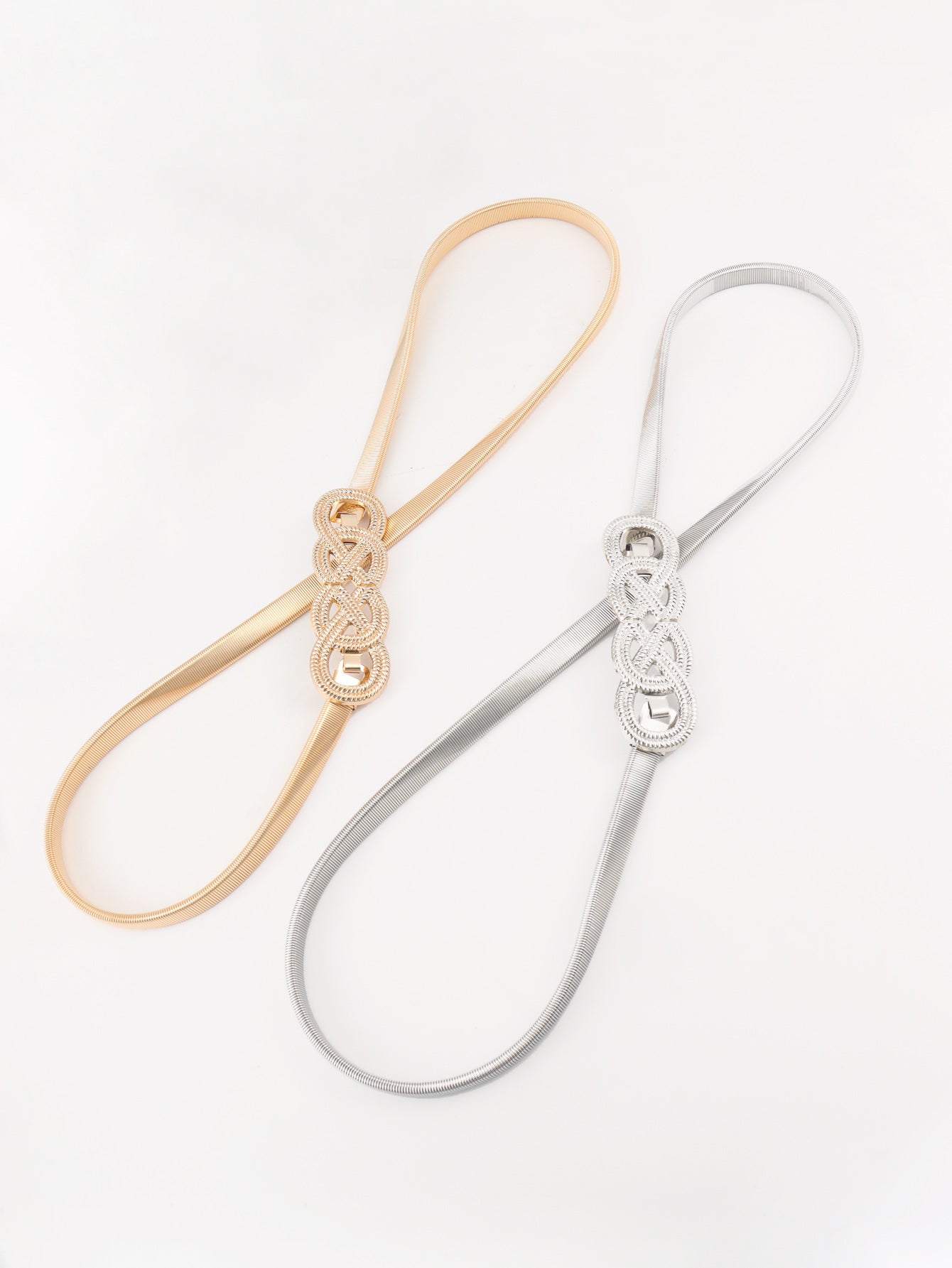 Knot-buckle metal belt with braided strap and clasp, light gold and silver