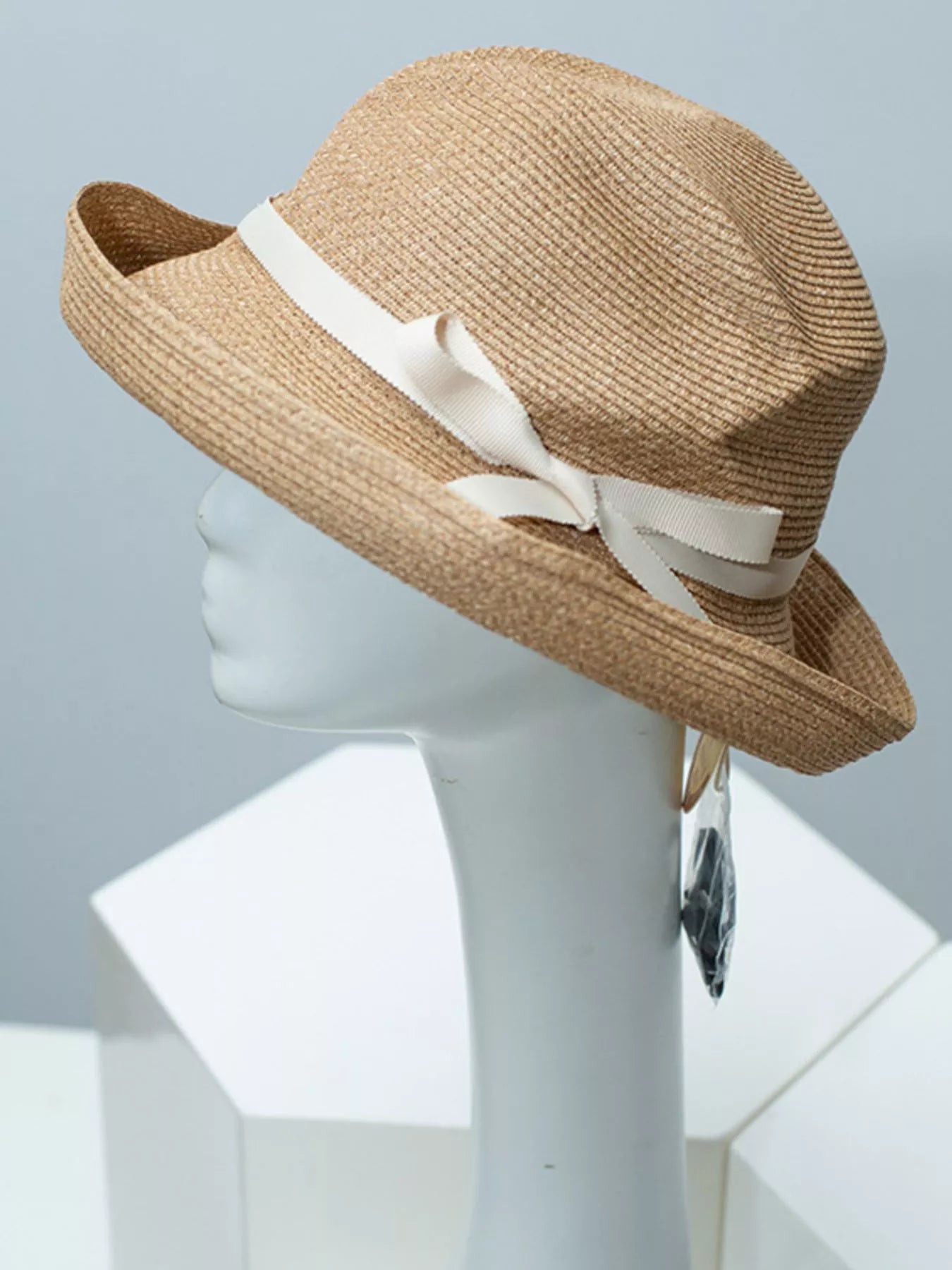 Cedar & Moore Ribbon Straw Hat, beige straw with white ribbon band.