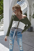 Color-block waffle-knit blouse in green and white with button front