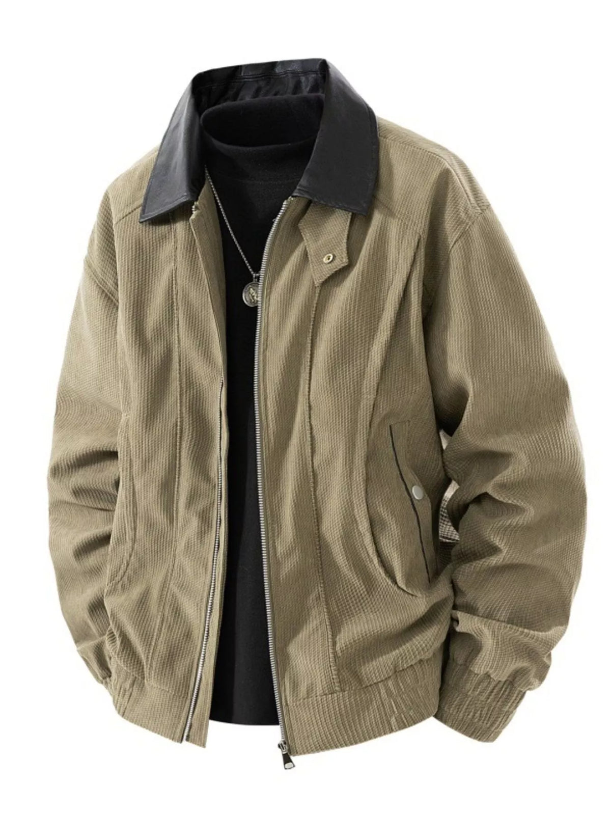 Men's corduroy zip-up jacket with faux leather collar, front pockets, olive