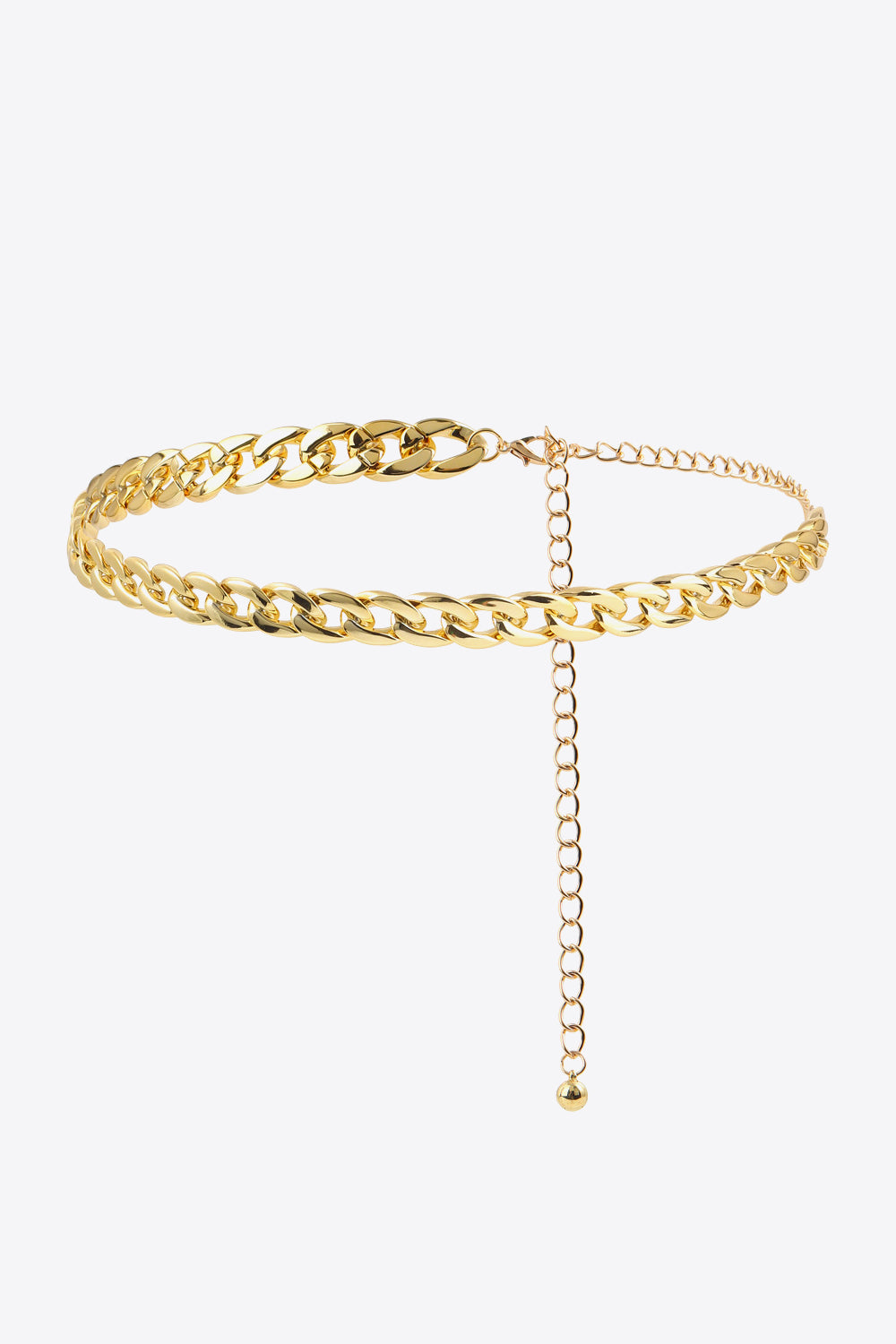 Gold curb chain belt with adjustable clasp and long hanging chain