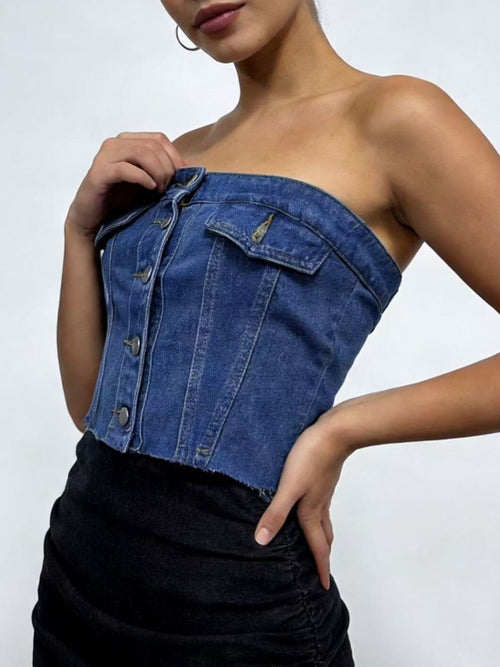 Blue denim tube top with front button placket and patch pocket detail, strapless